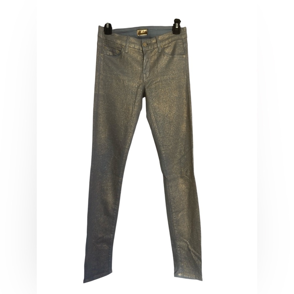 Mother Metallic Gold Grey Skinny Jeans • Shimmer Denim Straight Leg Pant Sz 26